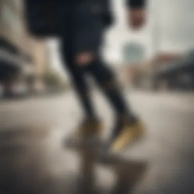 Skater showcasing black and gold Nike socks in an urban environment