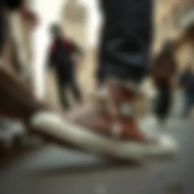 Converse Chuck Taylor: A Staple of Streetwear Culture Urban street scene featuring skaters in Converse Chuck Taylor Leather Brown