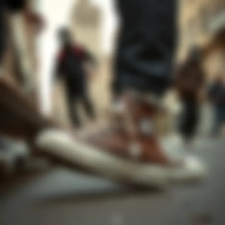 Converse Chuck Taylor: A Staple of Streetwear Culture Urban street scene featuring skaters in Converse Chuck Taylor Leather Brown