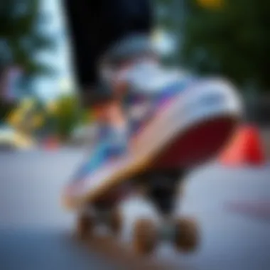 Skateboarding in Vans Sequin Shoes A skateboarder performing a trick while wearing Vans sequin shoes