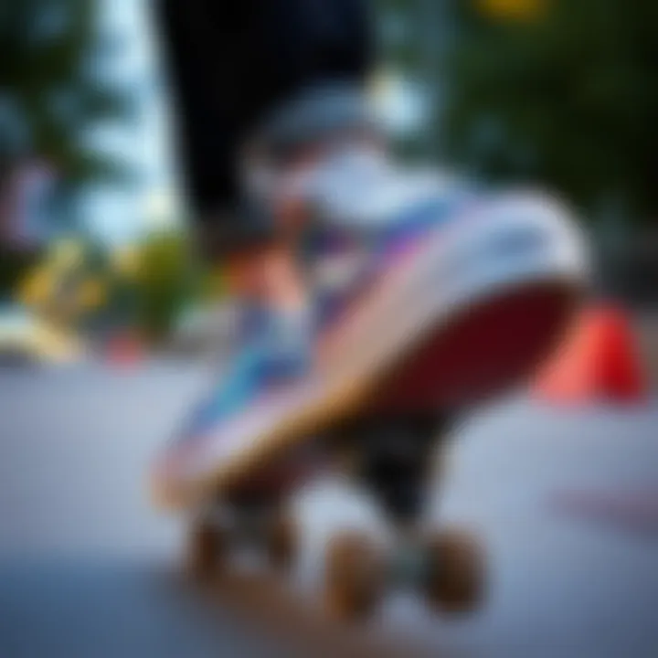Skateboarding in Vans Sequin Shoes A skateboarder performing a trick while wearing Vans sequin shoes