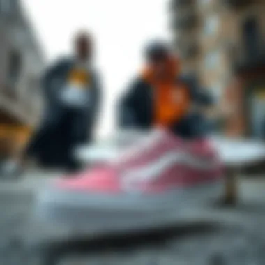 Urban Fashion with Vans Sequin Shoes Vans sequin shoes paired with stylish skate attire in an urban setting