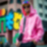 Urban Style: Pink Zip-Up Hoodie with Skate Gear Stylish pink zip-up hoodie paired with skateboarding gear on a vibrant urban backdrop.