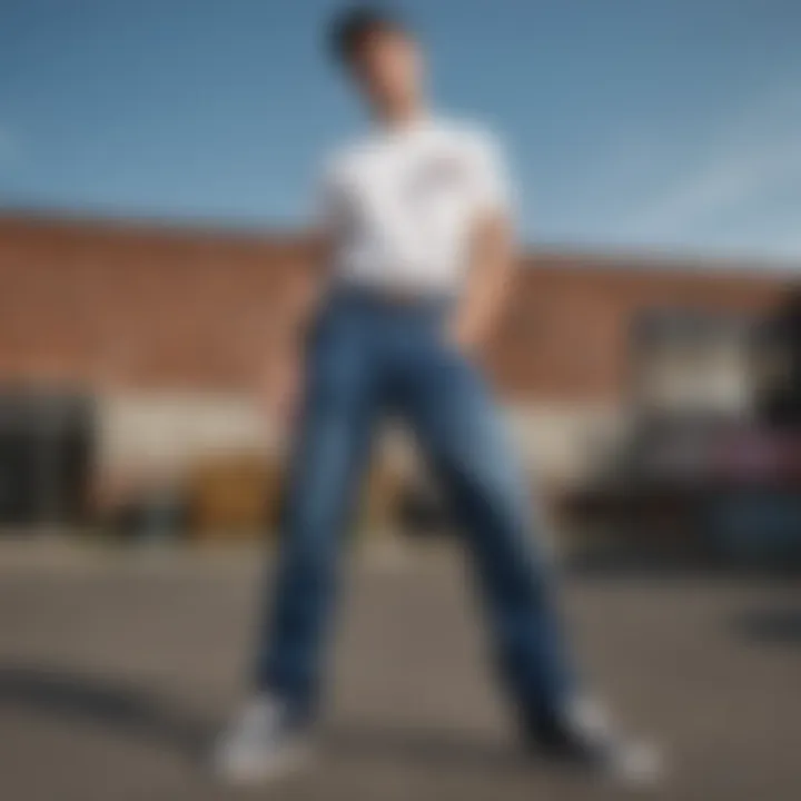 A fashion-forward individual wearing Dickies jeans