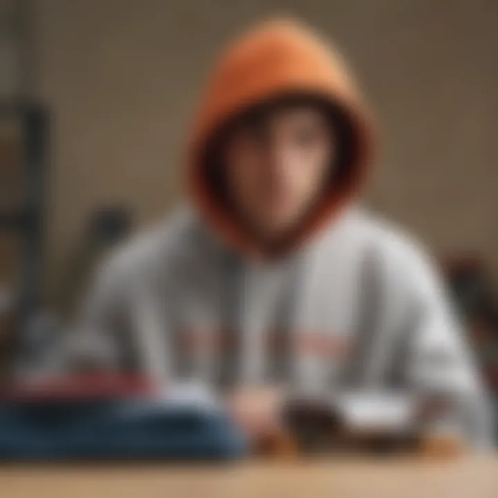 Skateboarding gear displayed alongside hoodies