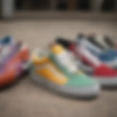 Color Variations of Vans Old Skool Close-up of various colorways of Vans Old Skool shoes.