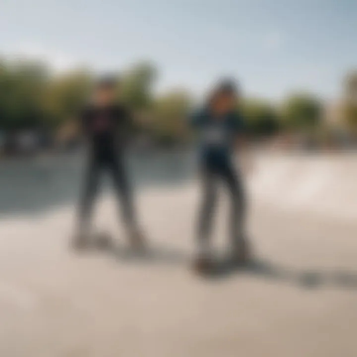 A group of enthusiastic skaters enjoying their time while using Impala skates at a skate park