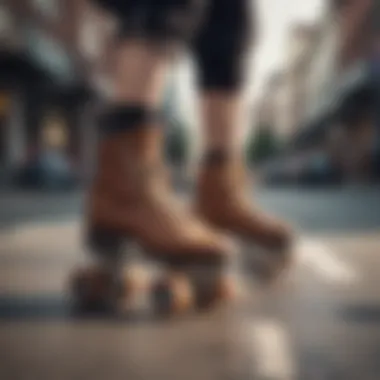 A skater performing tricks on YRU roller skates in an urban setting