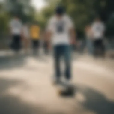 A group of friends in a skate park, all sporting Zoo York pants, reflecting the skate culture.