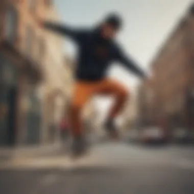 A skateboarder performing a trick while wearing Zoo York pants in a vibrant urban setting.